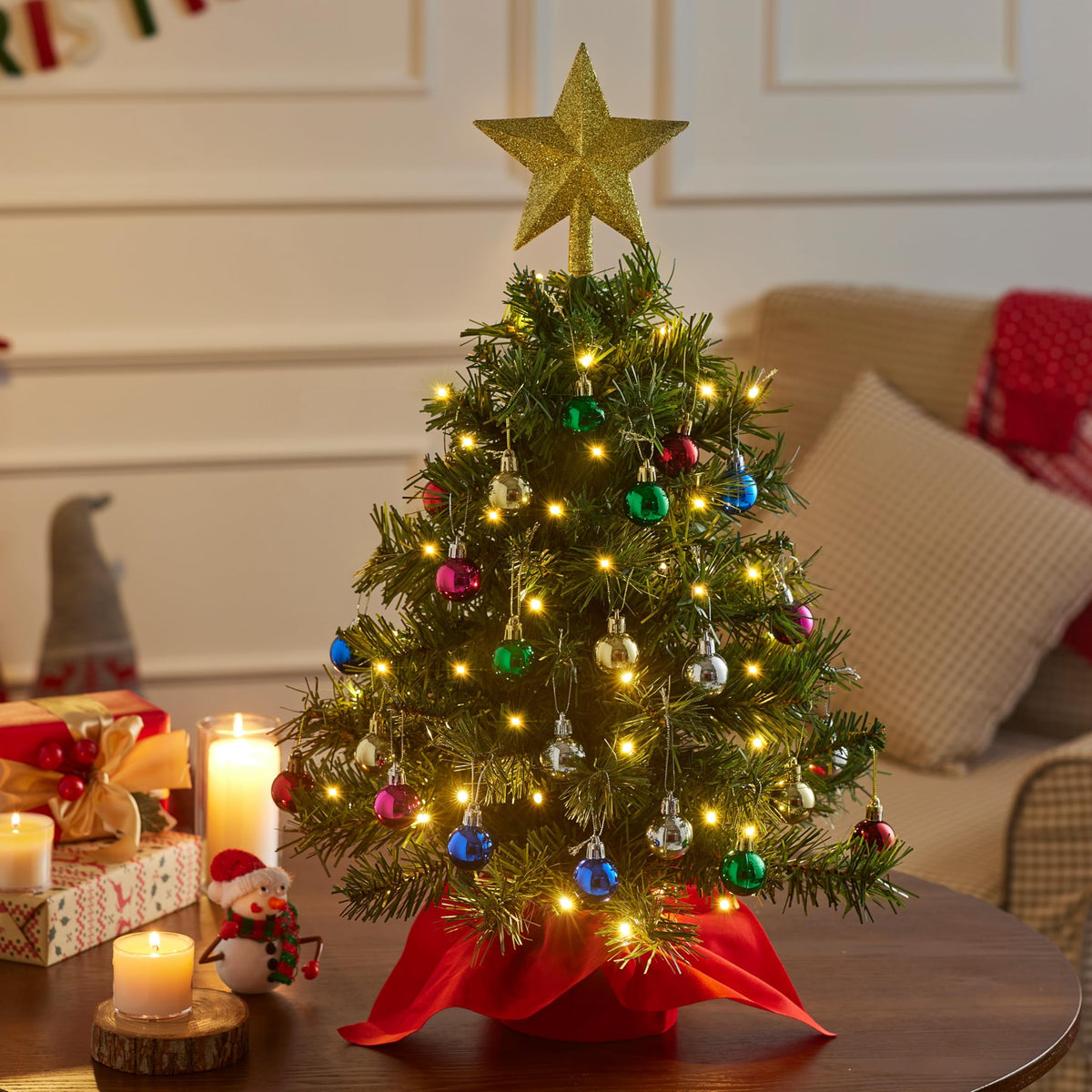 Joyfy 24"/2.4 FT Tabletop Small Christmas Tree with Lights, Prelit Artificial Mini Xmas Tree Set with Star and Ornaments for Party Decorations