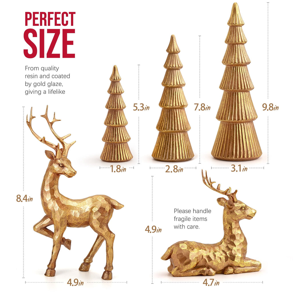 Ayieyill 5PCS Tree and Reindeer Decoration, Christmas Tree Reindeer Figurines, Christmas Decortion Indoor (Rose Gold)