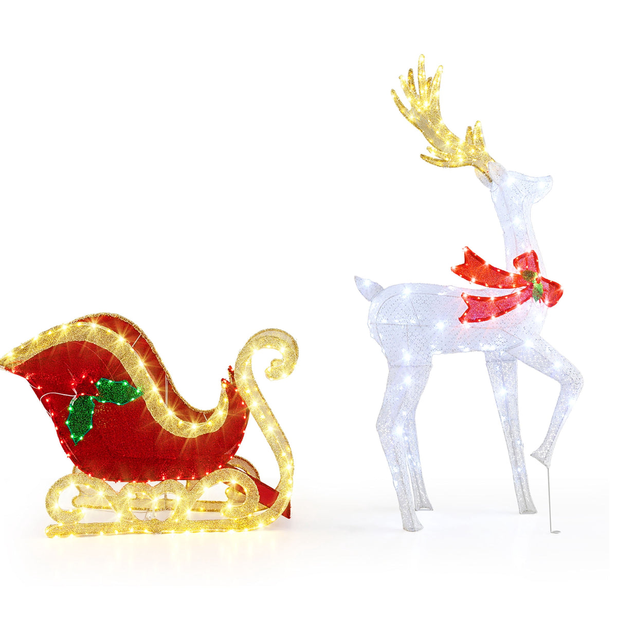 Gymax Lighted Christmas Reindeer & Sleigh Set Light-up Xmas Decorations w/462 LED