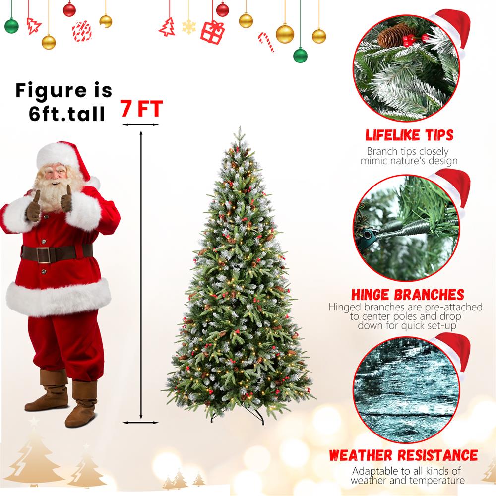 Topcobe Premium Artificial 7ft Green LED Christmas Tree, Foldable Base, Mixed Branch Tips, Red Fruits & Pine Cones for Indoor Holiday Decorating