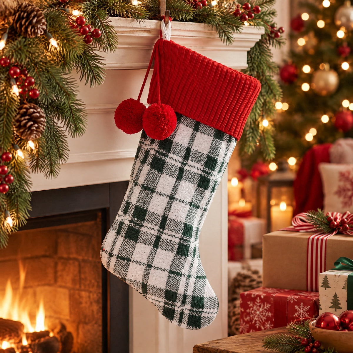 Plaid Christmas Stocking, Green/Red/White, 19", by Holiday Time