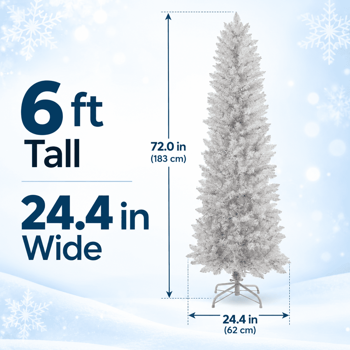 TENSAKEE 6 ft White Pencil Christmas Tree, Slim Pre-Lit Snow Flocked Artificial Xmas Tree with 571 Branch Tips, Party Decor