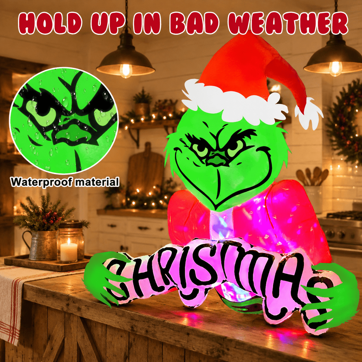 4.5ft Christmas Inflatable Green Monster Window Breakout Outdoor Holiday Decor with LED Lights