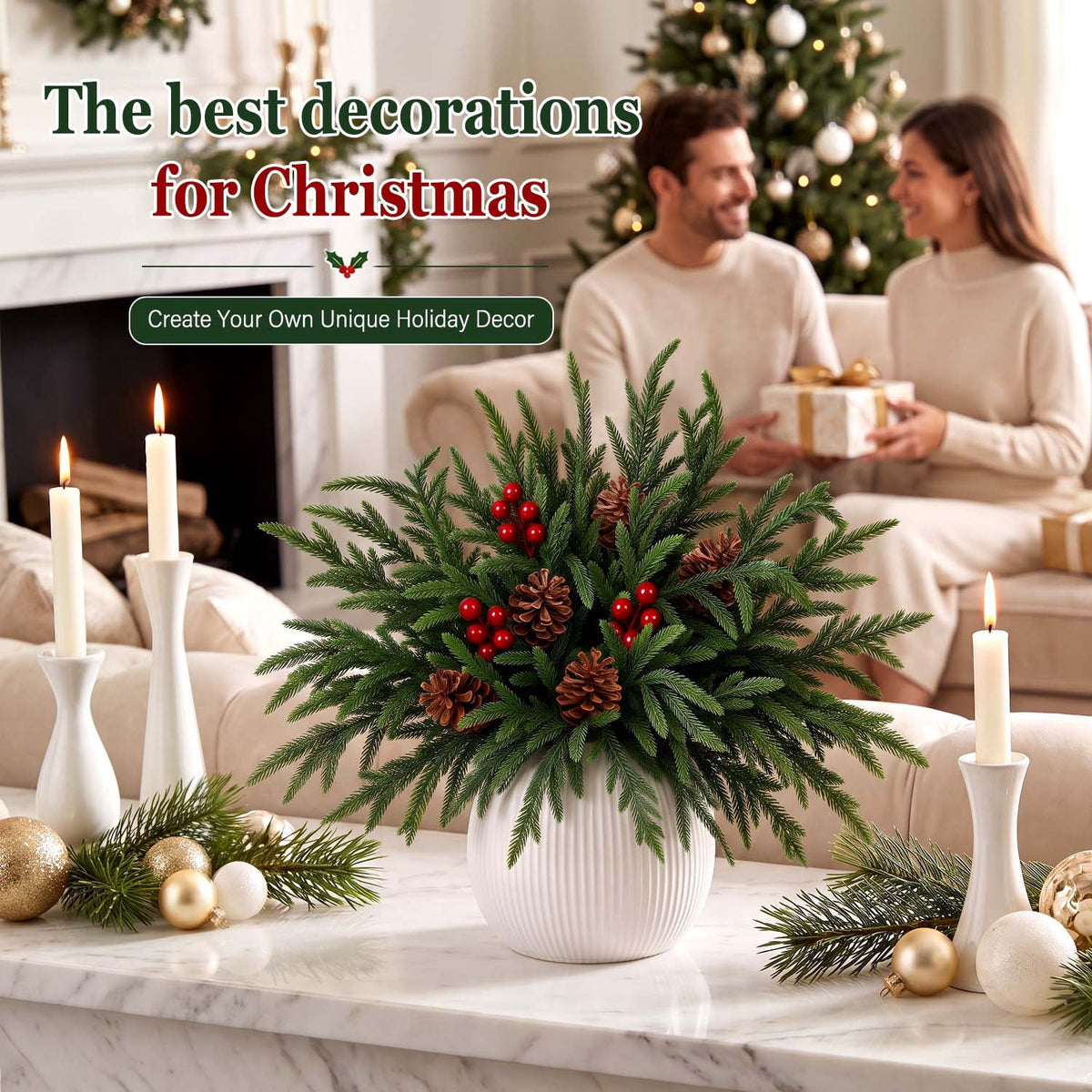 Ayieyill 39 Pack Artificial Pine Branches, 13.5 Inch Christmas Greenery Stems with Red & White Berries for Vase DIY Christmas Decorations Indoor