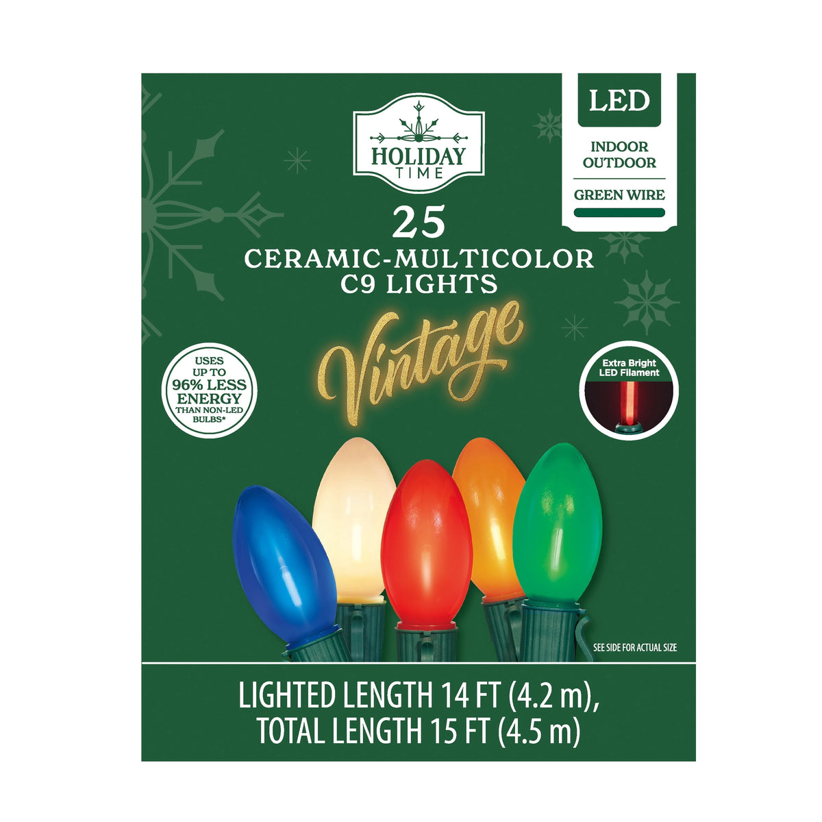 Indoor/Outdoor 25-Count LED Extra Bright Vintage-Style C9 Christmas String Lights, Warm White, Green Wire, 14', by Holiday Time