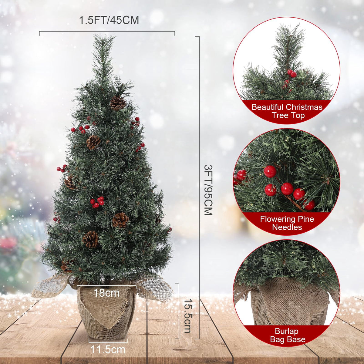 Huisuilinss Artificial Mini Christmas Tree,3FT Pre-Lit Christmas Tree,Tabletop Christmas Tree With Led Lights,Battery Powered Xmas Decoration For Fireplace Office Home Decor Indoor