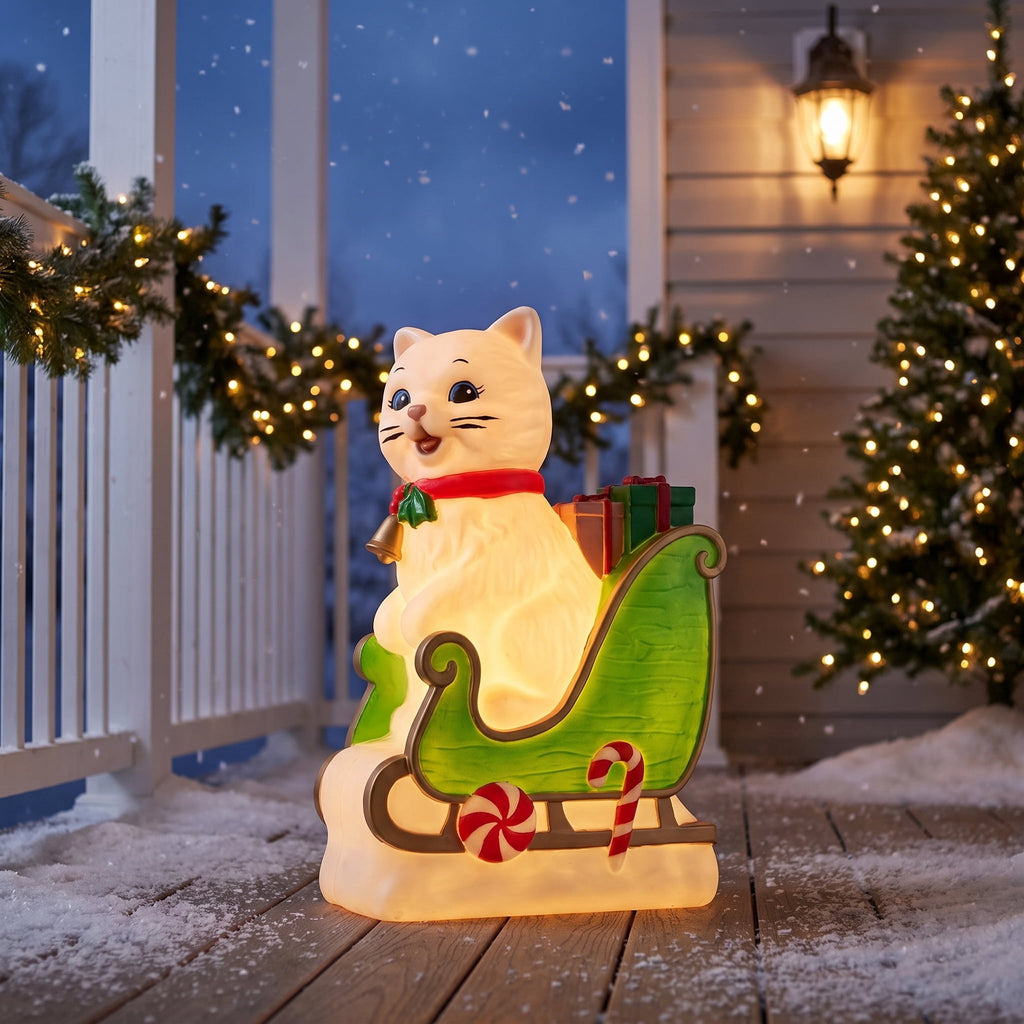Lighted Blow Mold Cat in Sleigh Indoor/Outdoor Christmas Decoration, Multicolor, 24", by Holiday Time