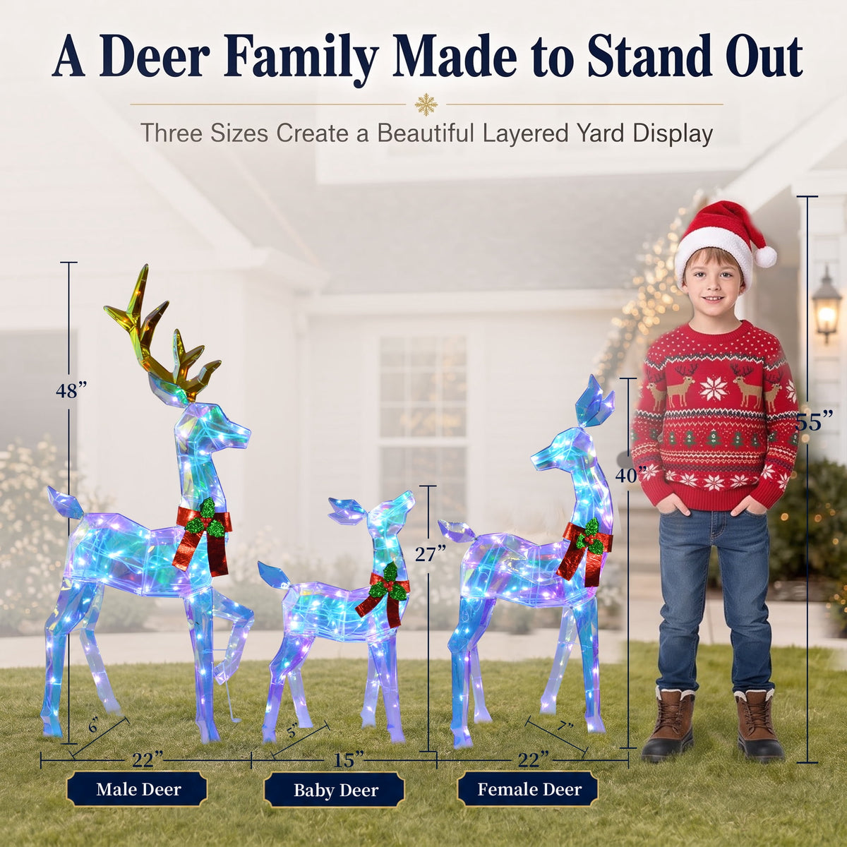 48" 3-Piece 2.5D Colorful Lighted Christmas Deer Family Outdoor Decorations, Clear-Look Reindeer Set with 145 Lights, Gold Antlers, Stakes and Zip Ties for Yard Lawn Porch Garden Holiday Decor