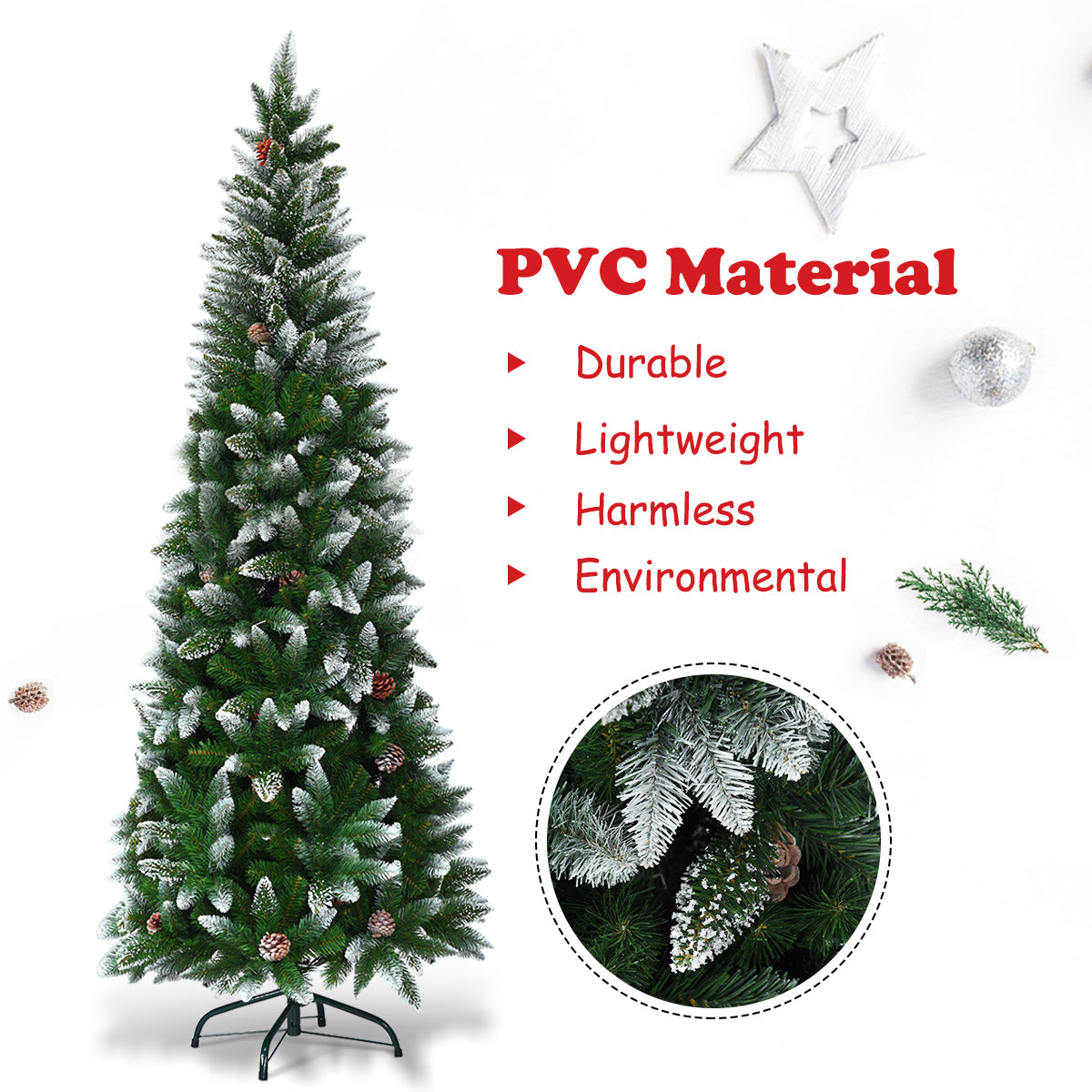 Gymax 5ft Snow Flocked Pencil Christmas Tree Classic Realistic PVC Needles W/Pine Cones