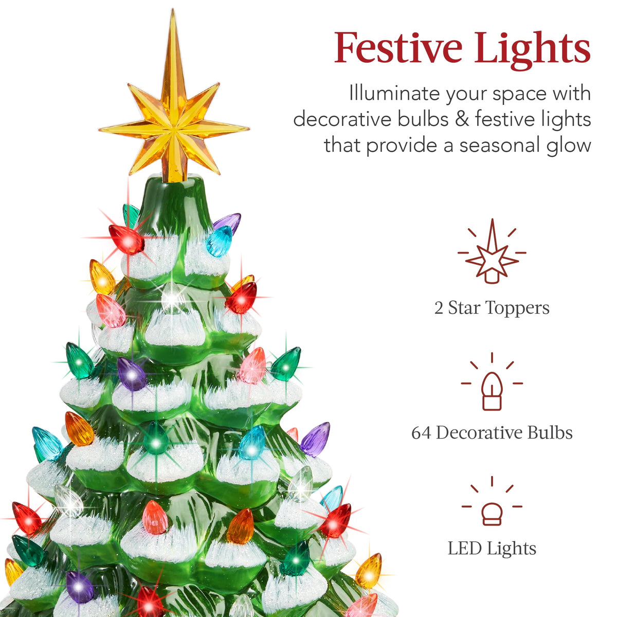 Best Choice Products 15in Ceramic Christmas Tree, Pre-lit Hand-Painted Tabletop Holiday Tree, Gingerbread Red/White/Grn