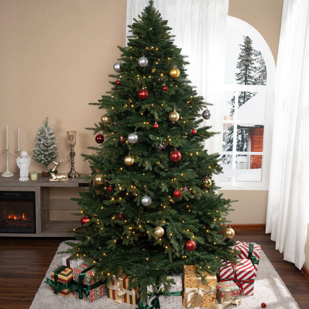 Naomi Home 4.5ft Rustic Christmas Tree with Lights, Realistic Classic Christmas Tree Prelit with 1117 Branch Tips, 300 Warm Lights and Metal Stand, Aritificial Christmas Tree
