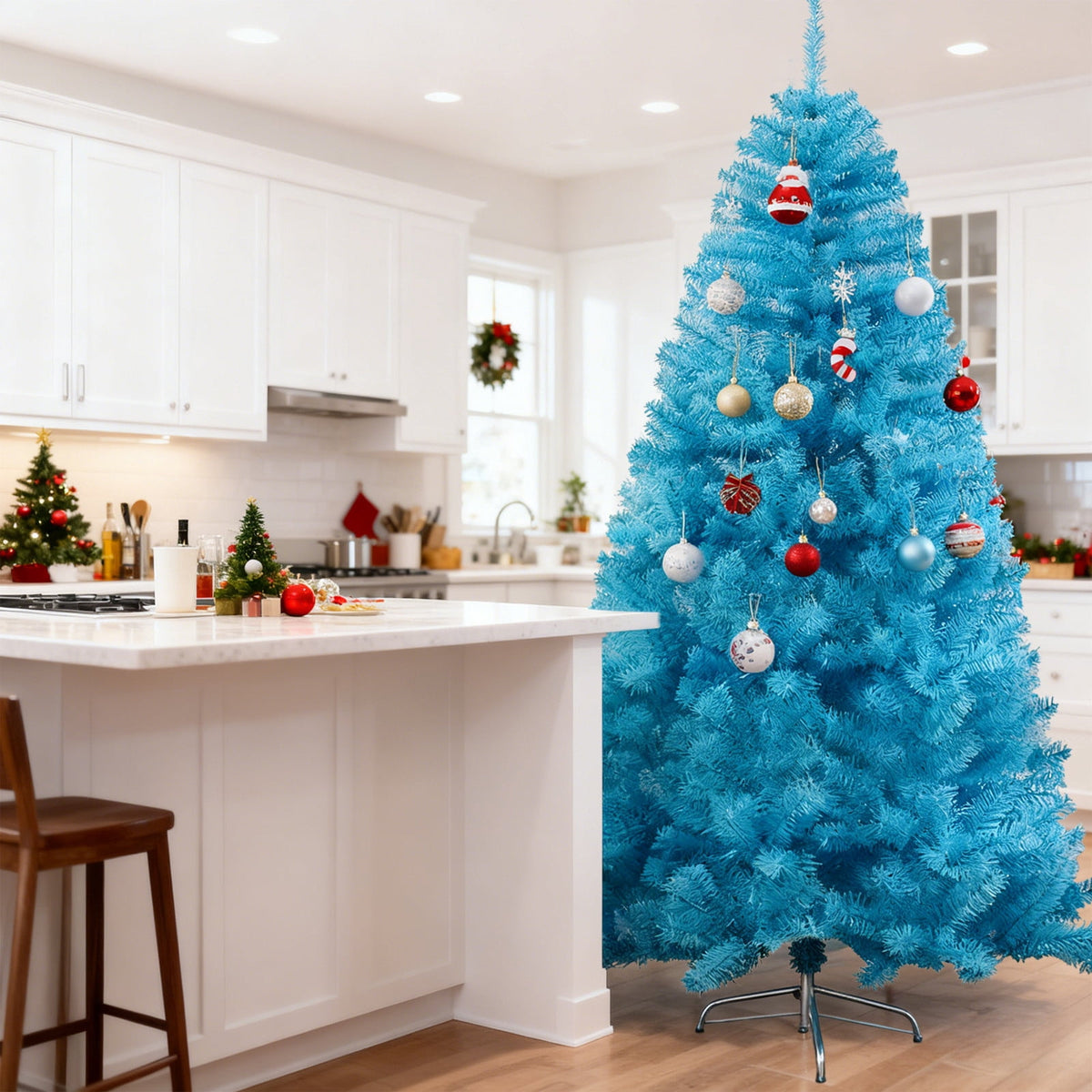7Ft Blue Hinged Spruce Artificial Christmas Tree Premiums Unlit Full PVC Pine Needle Xmas Tree With 1000 Branch Tips And Metal Base Stand Easy Assembly Holiday Decor for Home Party Indoor