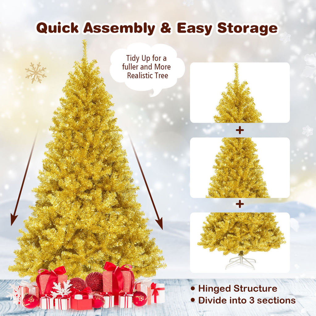 Gymax 7.5FT Tinsel Christmas Tree Artificial Hinged w/ Metal Stand Champagne Gold