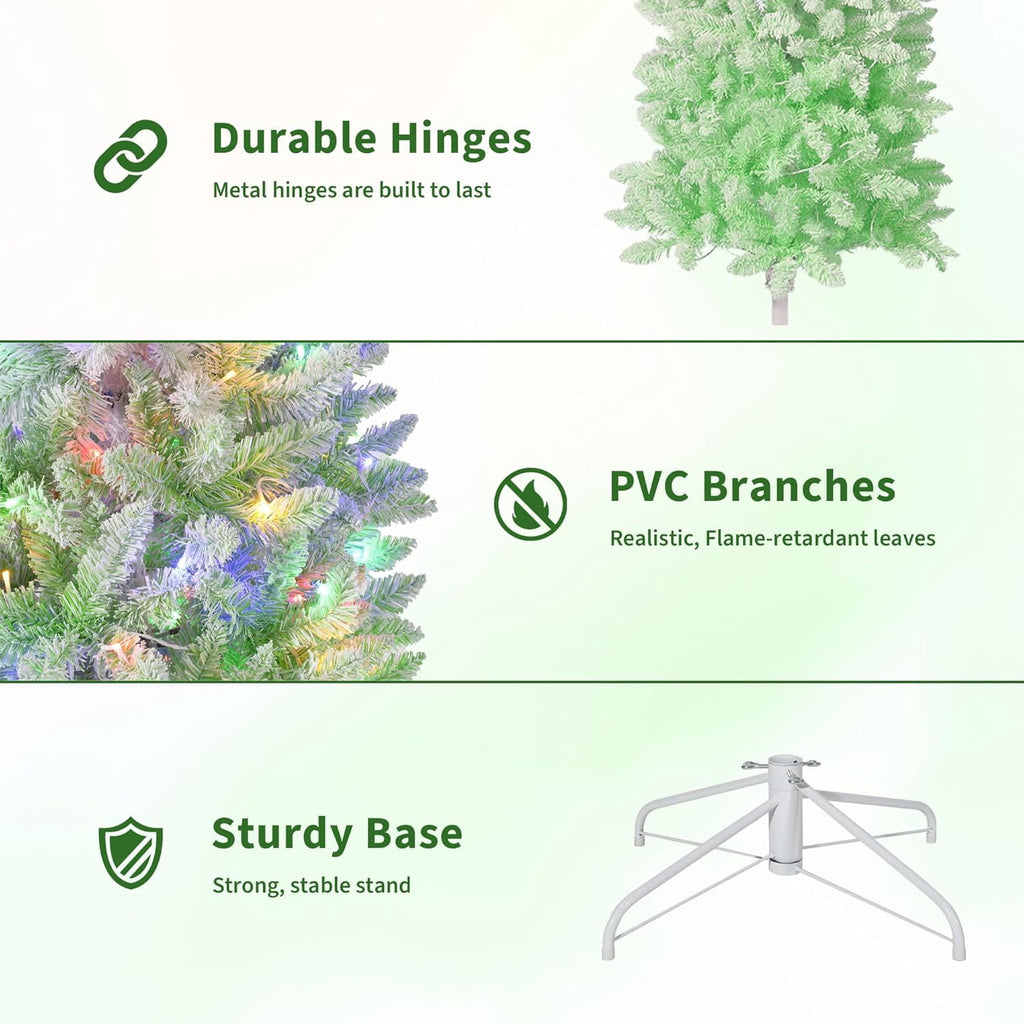 4.5/6/7.5/9 ft Flocked Pencil Christmas Tree with 100 Lights, Pre Lit Tall Skinny Christmas Tree with PVC Branch Tips, Premium Hinged Xmas Tree with Metal Base, Slim Artificial Christmas Tree