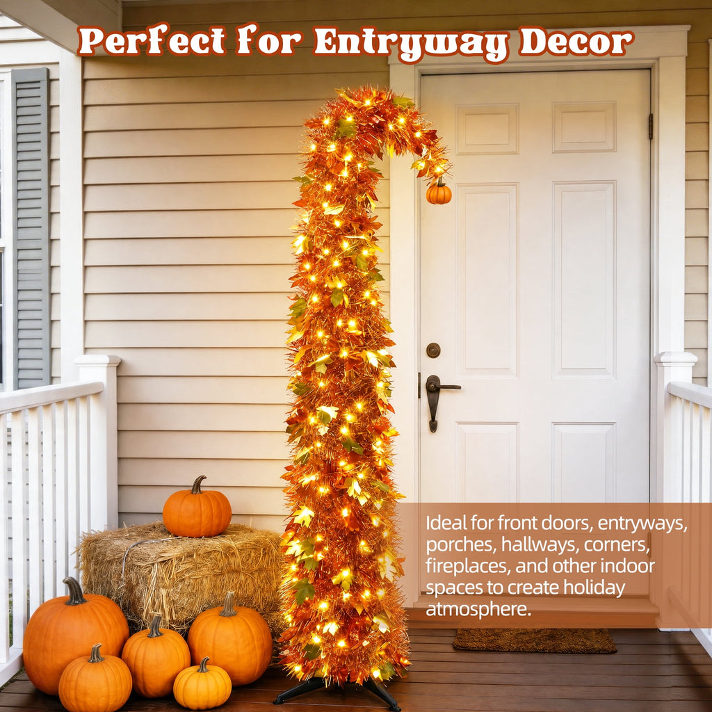 6FT Slim Pop Up Halloween Thanksgiving Tree with Fairy Lights Harvest Tree with Maple Leaves Pumpkins Foldable Collapsible Pencil Fall Tree for Outdoor Porch Patio Deck Living Room Decor