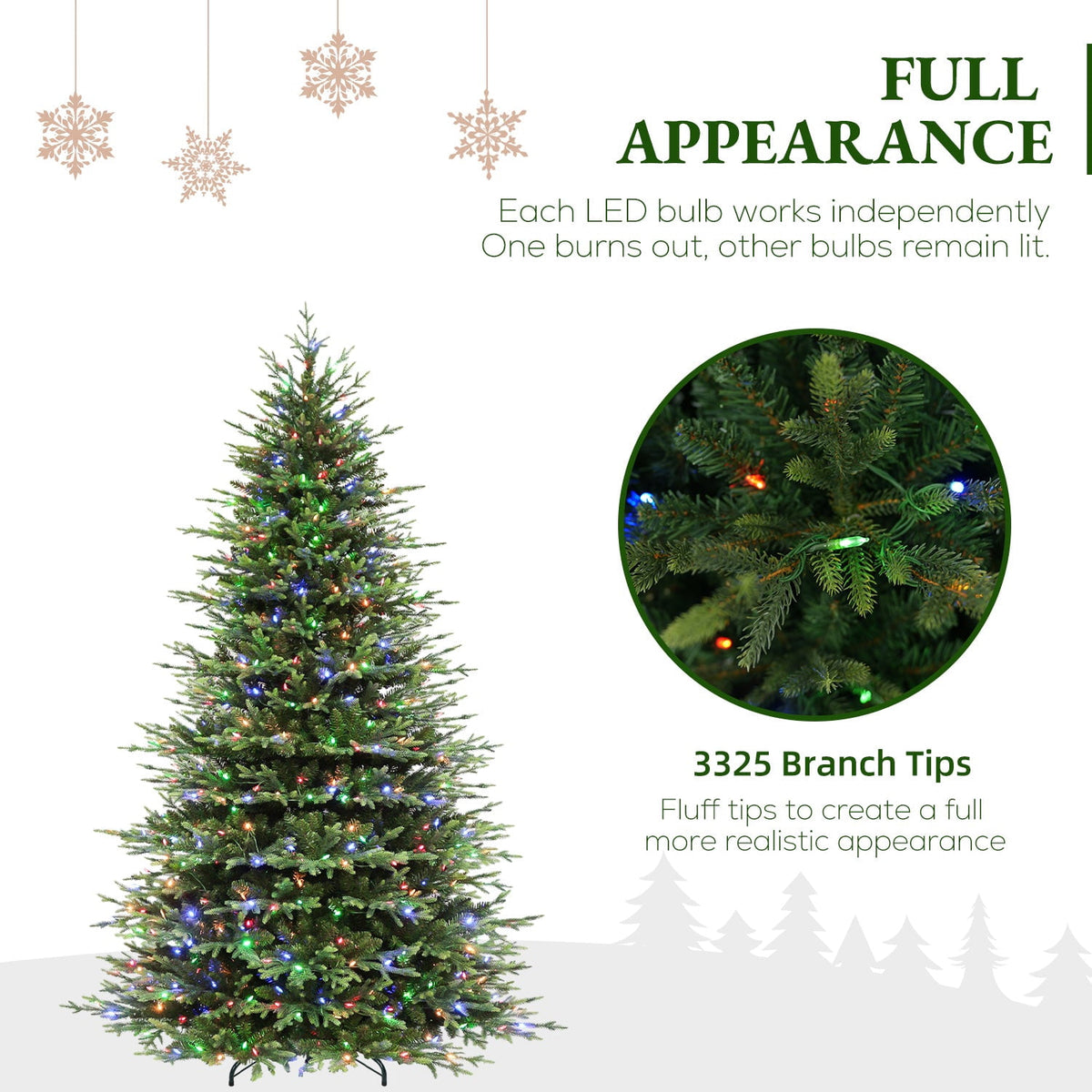 VIVATREES 7.5ft Pre-lit Artificial Christmas Tree Frasier Fir w/ 3325 PVC PE Hinged Branch Tips 450 Multi Color LED Lights Foldable Base