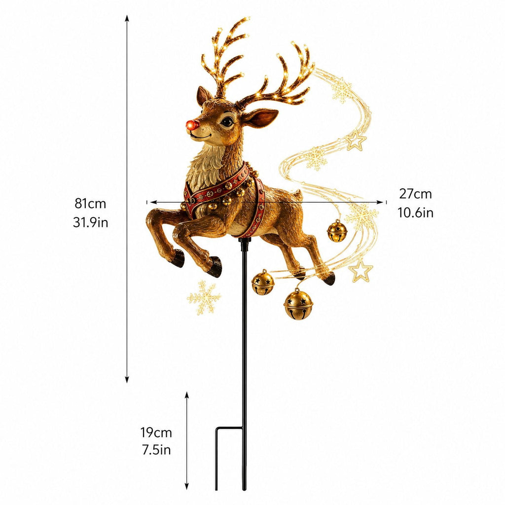 Christmas Reindeer Lighted Yard Stake, Bell and Snowflake Outdoor Decor for Lawn Garden Pathway Porch Holiday Display, 31.9 in