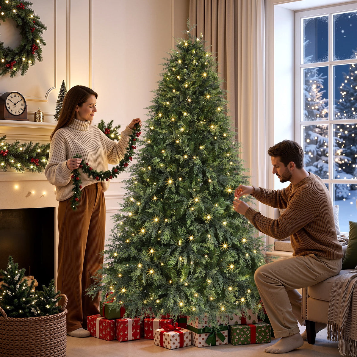 Lolsea 7ft Prelit PE Aspen Cypress Artificial Christmas Tree with Remote Control, Timer and Warm White & Multi-Color Lights