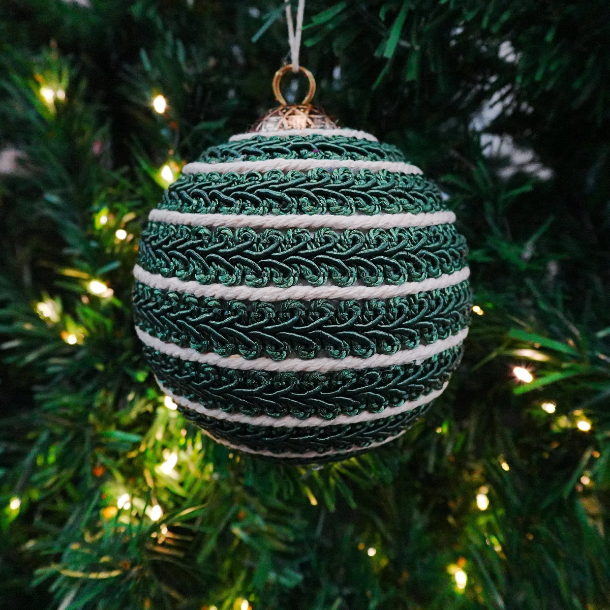 4-Count Green and Cream Braided Ball Christmas Ornaments, 5", by Holiday Time