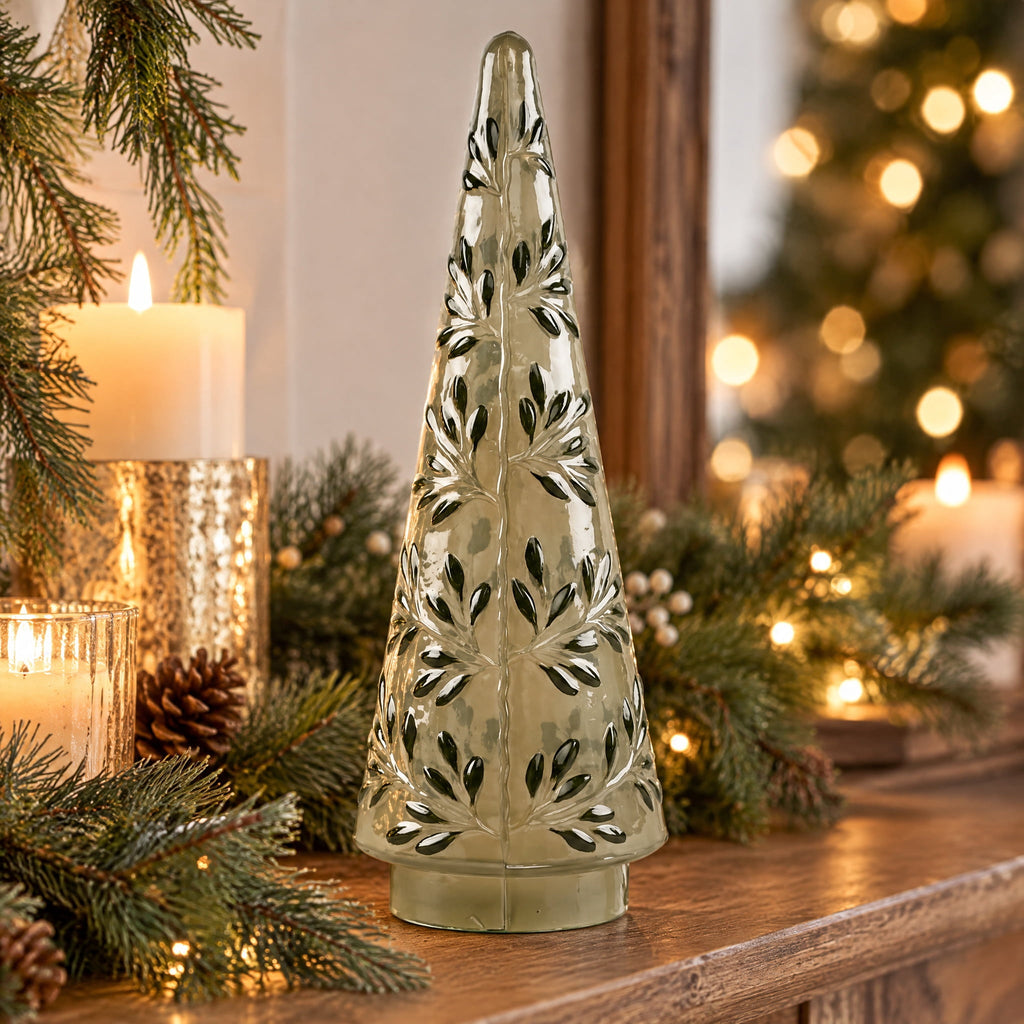 Glass Embossed Leaf Pattern Tree Christmas Decoration, Green, 14.5", by Holiday Time