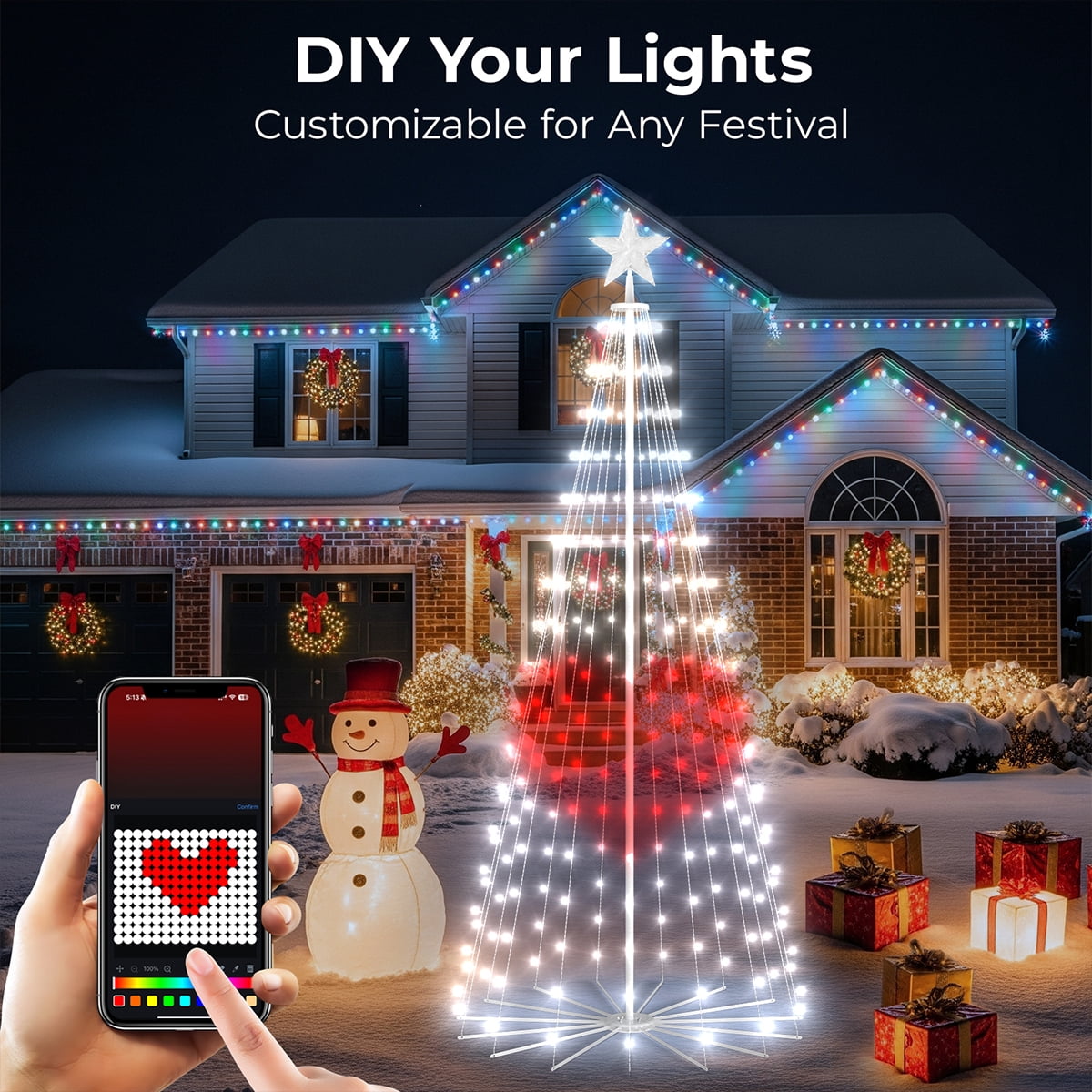 8FT 236 LED Christmas Cone Tree Smart Light with 58 Modes DIY Timer Remote Dimmable Artificial Christmas Tree for Porch Yard Patio Indoor Outdoor Xmas Holiday Decor