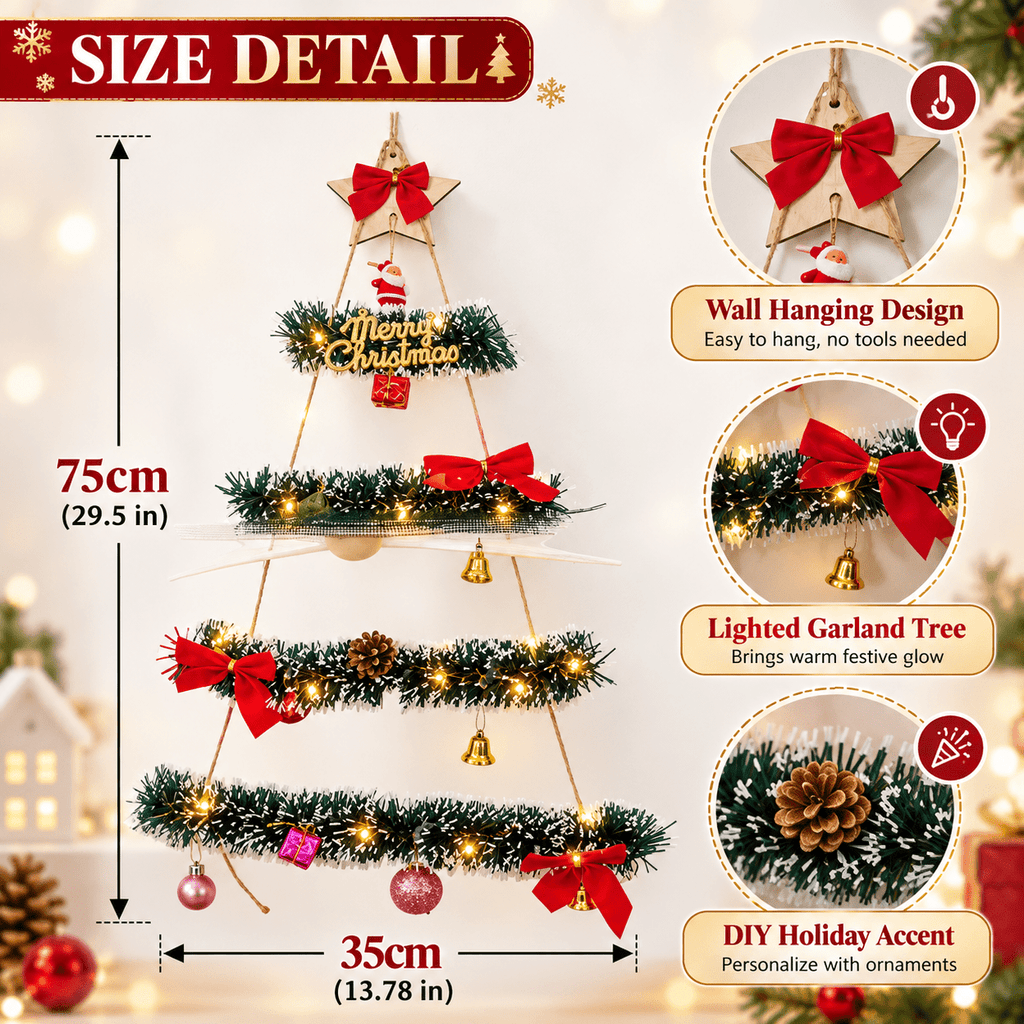 DIY Wall Mounted Christmas Trees with LED Light, Wall Hanging Christmas Tree, Space-Saving Christmas Decor Ideas for Small Space Home Holiday Decoration, 100x40cm