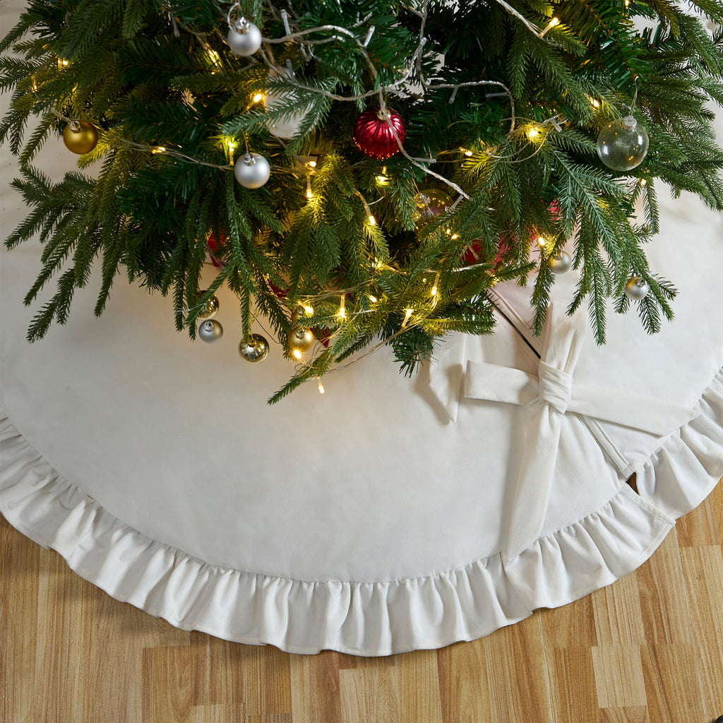 My Texas House Ruffle Ivory Velvet Christmas Tree Skirt, 60"