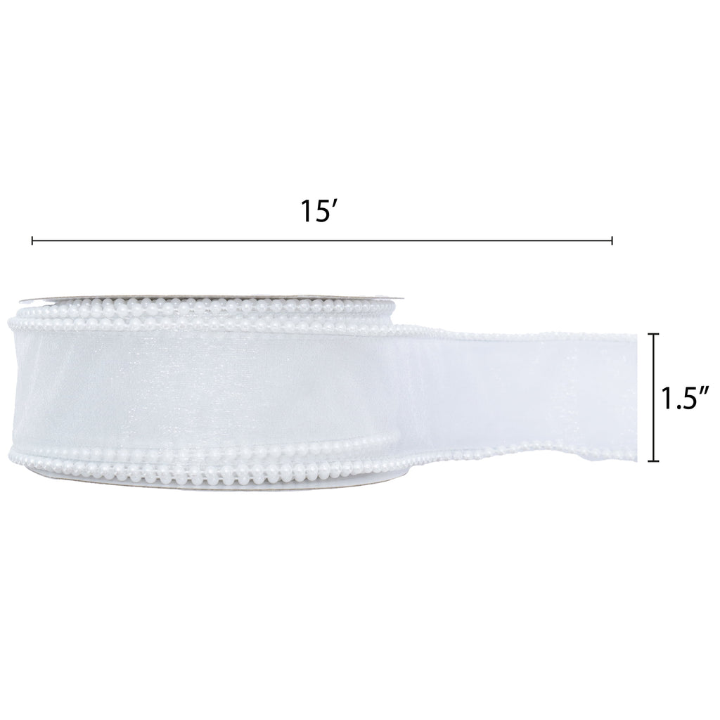 My Texas House White Beaded Sheer Christmas Ribbon, 1.5" x 15'