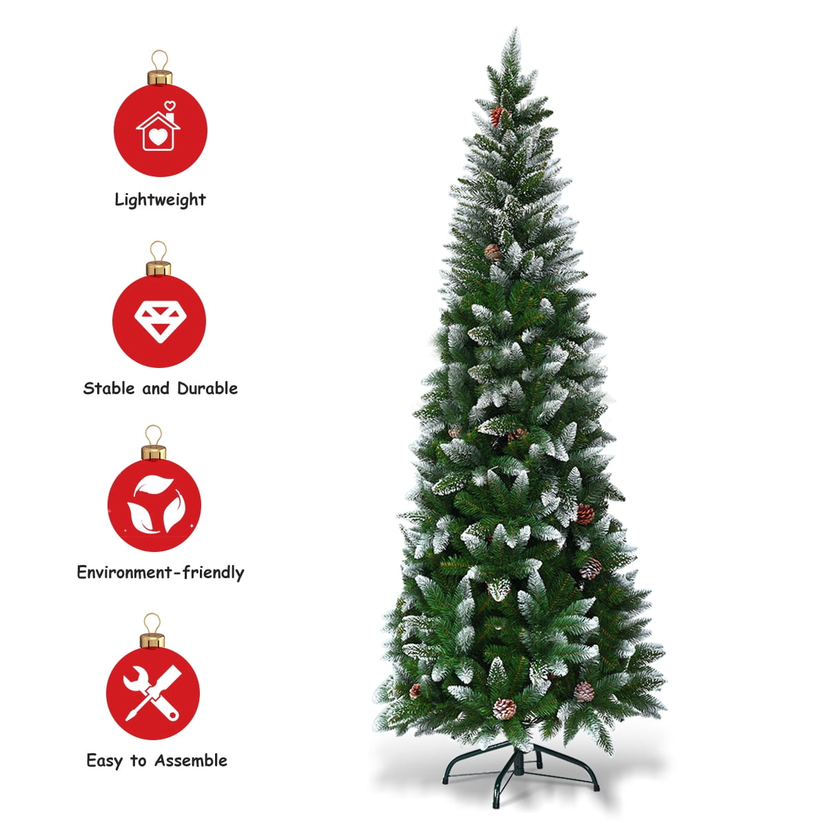 Gymax 5ft Snow Flocked Pencil Christmas Tree Classic Realistic PVC Needles W/Pine Cones