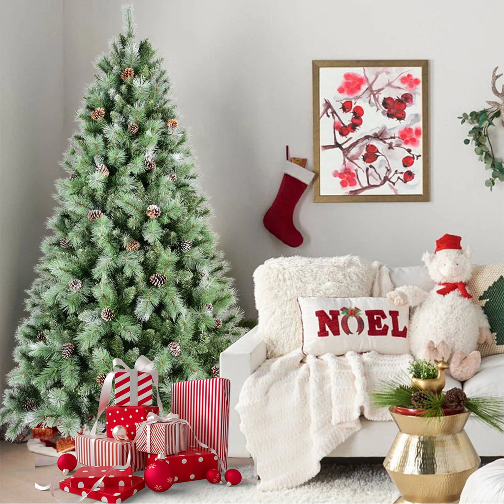 8FT PVC Artificial Christmas Tree White Needles Pine Cones Decor Premium Xmas Tree with 1858 Branch Tips Easy Assemble and Foldable Holiday Xmas Ornaments with Stand for Home Office Party Decoration