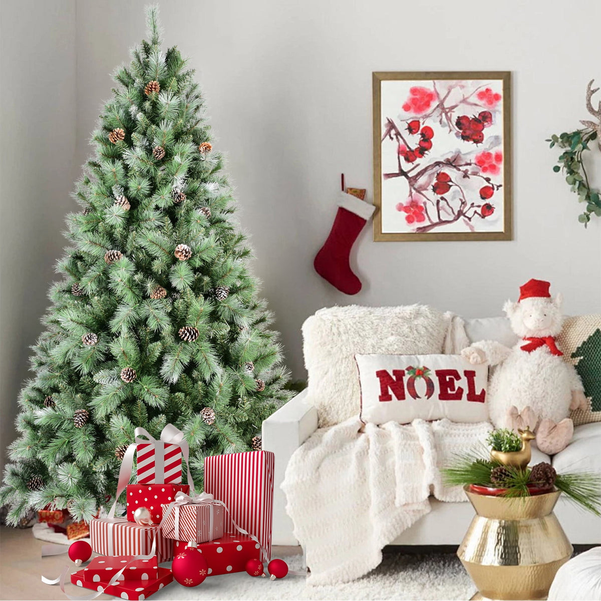8FT PVC Artificial Christmas Tree White Needles Pine Cones Decor Premium Xmas Tree with 1858 Branch Tips Easy Assemble and Foldable Holiday Xmas Ornaments with Stand for Home Office Party Decoration