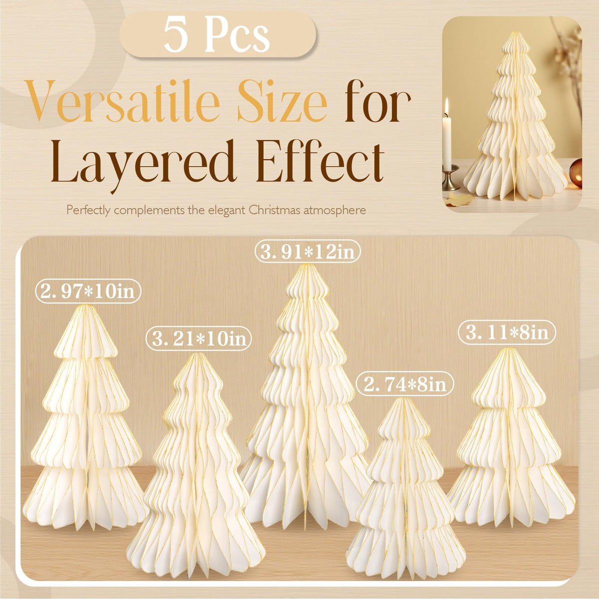 5 Pack Honeycomb Paper Christmas Trees, 3D Christmas Table Centerpieces for Mantel Tabletop Winter Home Decor