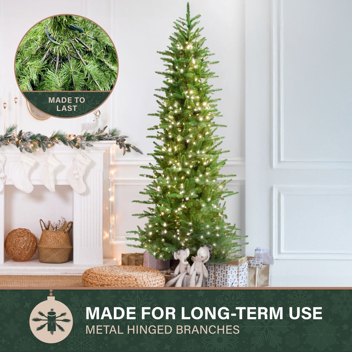 Fraser Hill Farm 6.5-Ft. Carmel Pine Slim Christmas Tree with White Incandescent Smart Lights, FFCP065-3GR