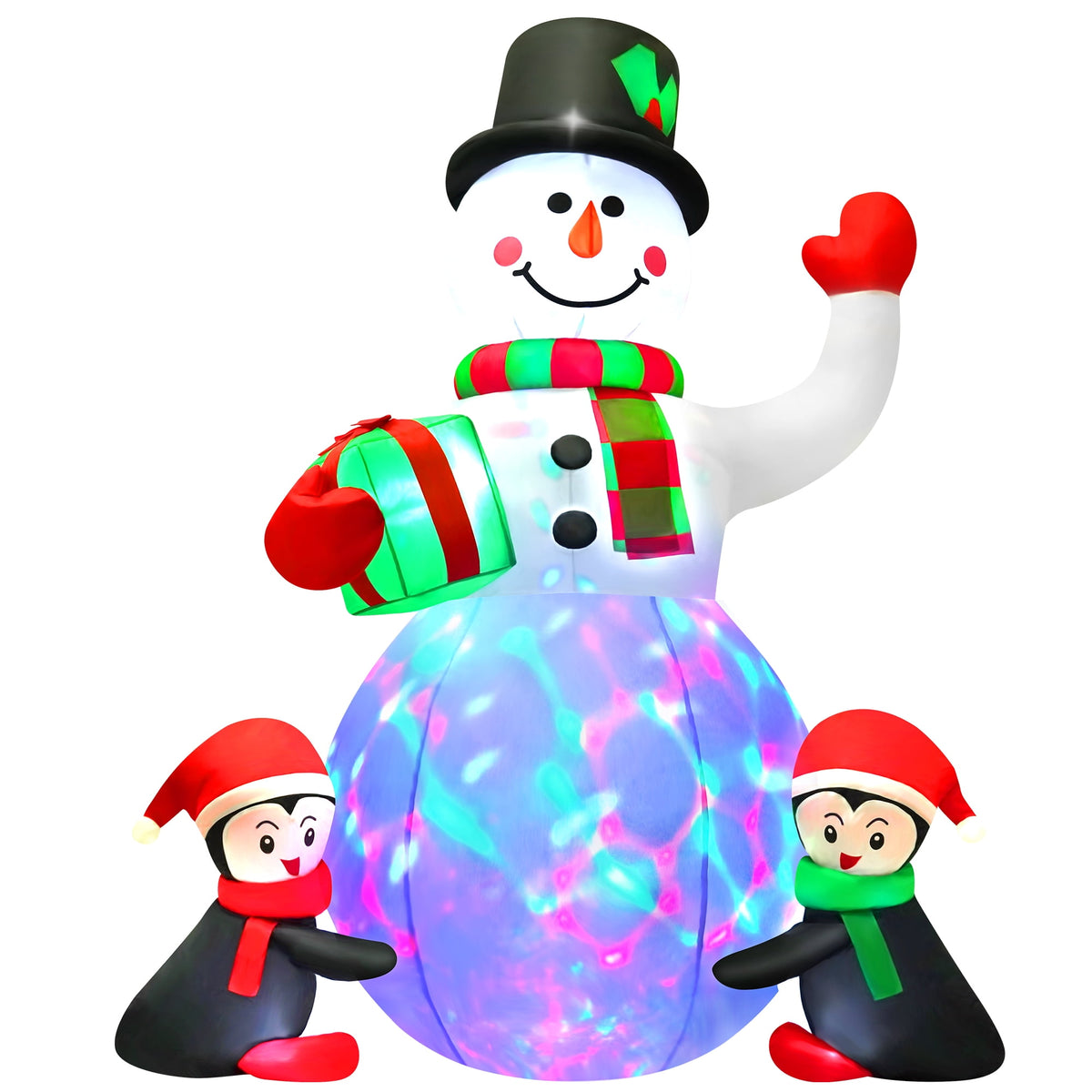 Yexmas 6.3 FT Christmas Inflatable Snowman with Penguins and Gift Box, Rotating LED Lights, Outdoor Christmas Blow Up Yard Decoration