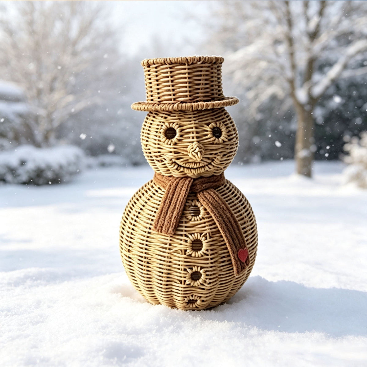 FeiBiQiuBi 14.9" Resin Rattan Style Snowman, Rustic Snowman Decorations with Bow, Woven Natural Style Freestanding Design Winter Farmhouse Decor for Home Kitchen Garden, Holiday Table Mantel Decor