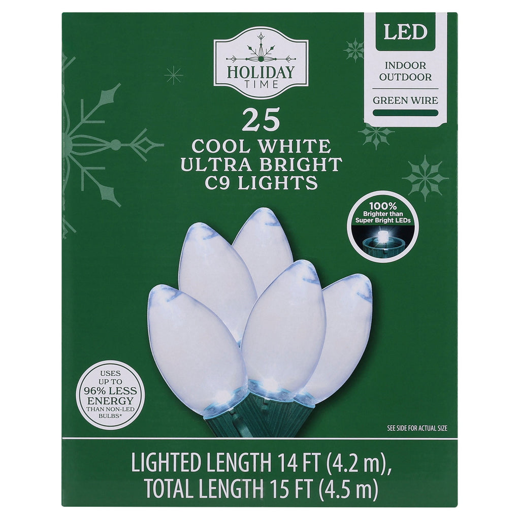 Indoor/Outdoor 25-Count LED Ultra Bright C9 Christmas String Lights, Warm White, Green Wire, 14', by Holiday Time