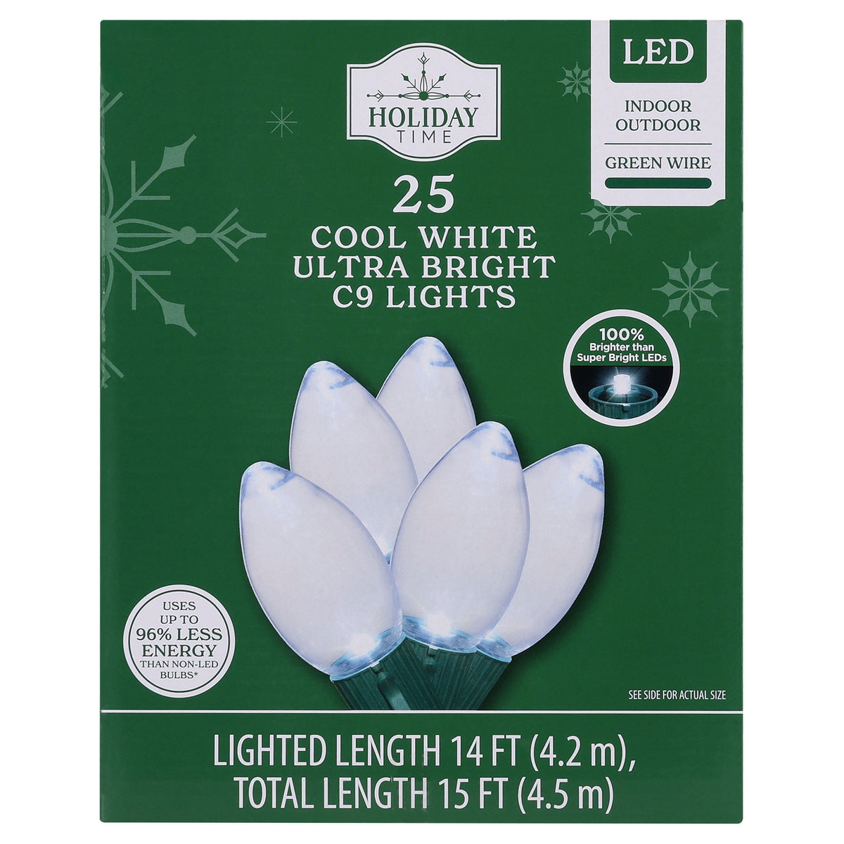 Indoor/Outdoor 25-Count LED Ultra Bright C9 Christmas String Lights, Warm White, Green Wire, 14', by Holiday Time