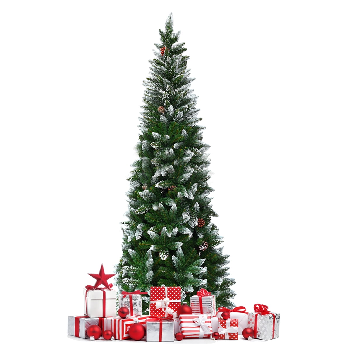 Gymax 5ft Snow Flocked Pencil Christmas Tree Classic Realistic PVC Needles W/Pine Cones