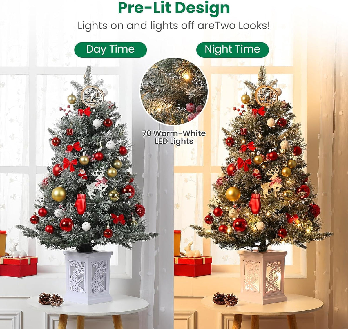 M optimized 3 Ft Prelit Christmas Tree with 8 Modes 78 Warm Lights, Artificial Christmas Trees Snow Flocked Small Christmas Tree, Xmas Tree Battery Operated Timer Function