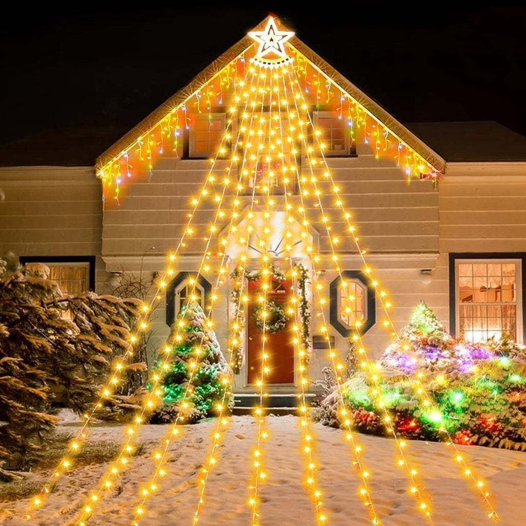 Christmas Lights Outdoor,12.6ft 8 Lighting Modes Waterfall Lights for Christmas, Outdoor Christmas Decorations for Yard, Christmas Lights for Tree House Holiday Party, Warm White