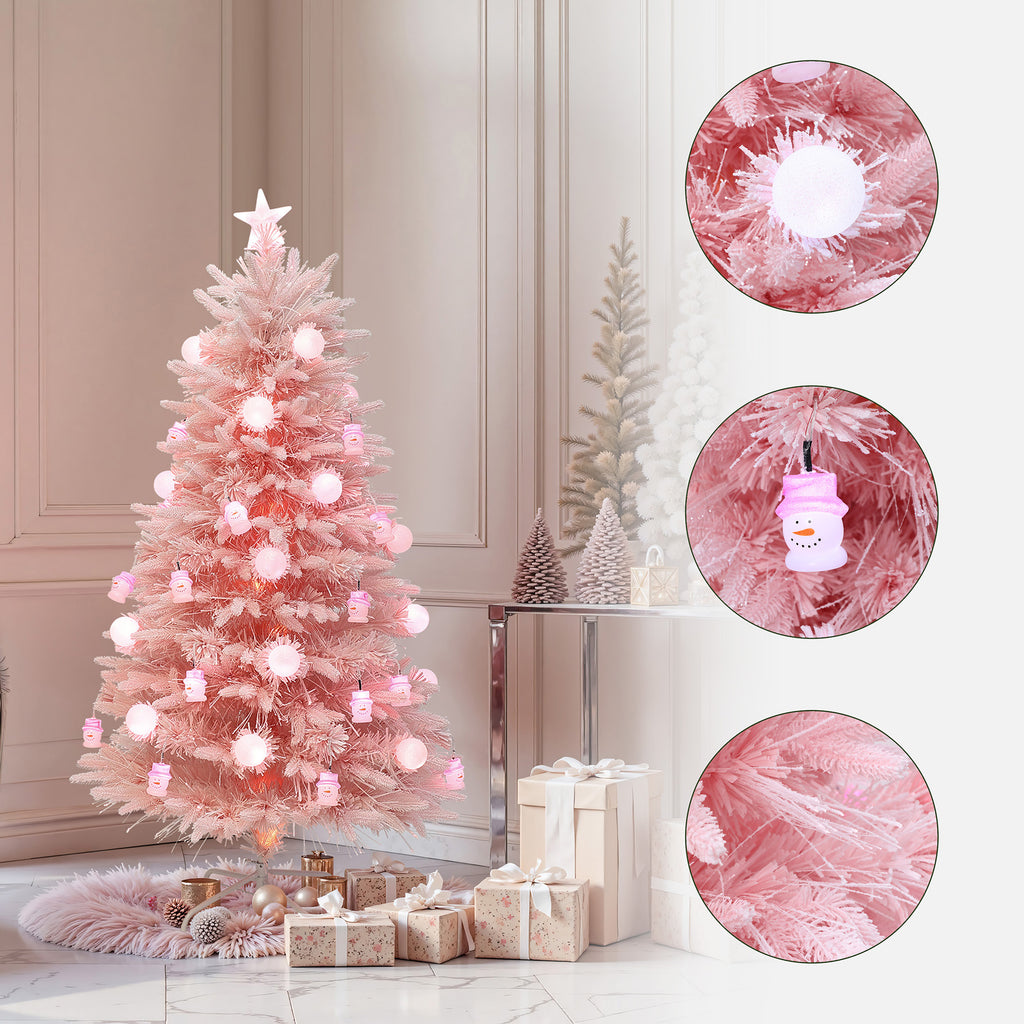 LuxenHome 5Ft Pink Cherry Blossom Christmas Tree with Fiber Optic Lights & Snowman Star Topper