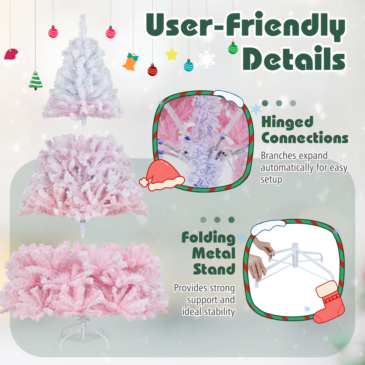 Costway 6 FT Artificial Christmas Tree with 250 Warm White LED Lights, 8 Lighting Modes & Folding Metal Stand White & Pink
