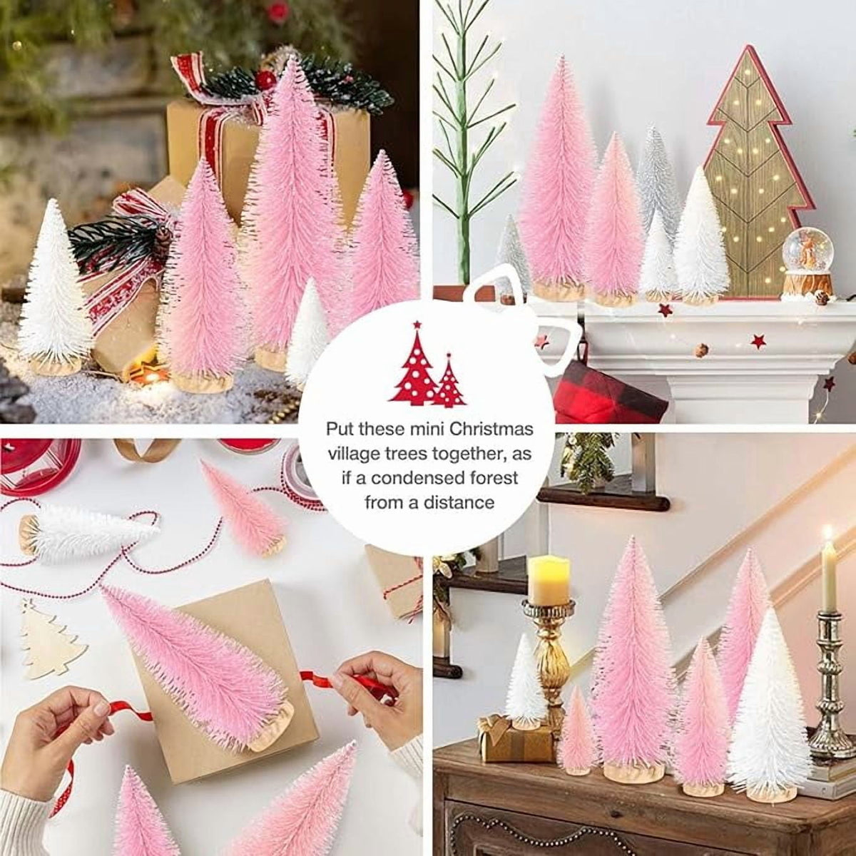 Ayieyill 9Pcs Mini Christmas Trees Christmas Decor Artificial Christmas Decorations with 4 Sizes, Christmas Tree Bottle Brush Trees Christmas Table Decorations (Pink+White)