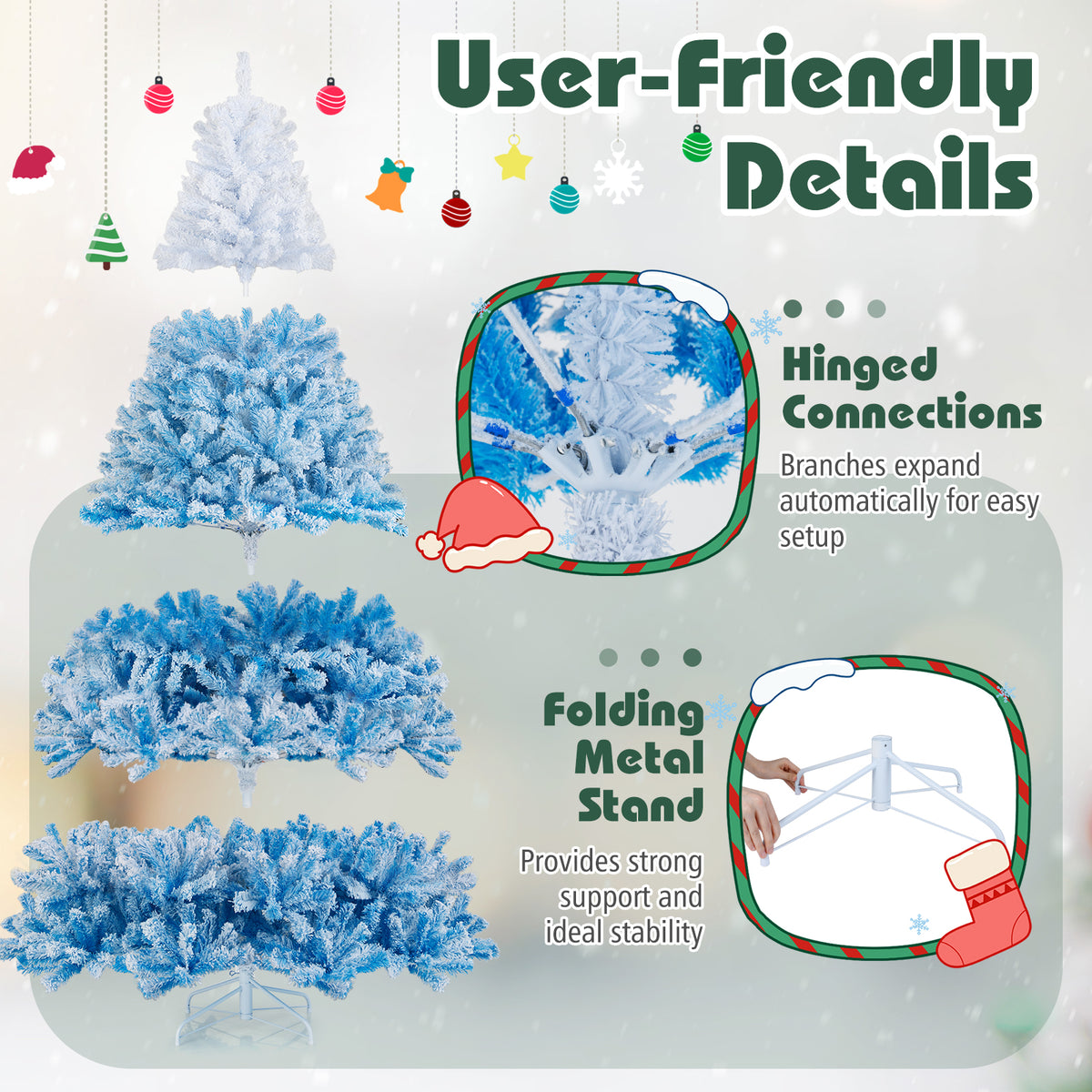 Costway 6 FT Artificial Christmas Tree with 250 Warm White LED Lights, 8 Lighting Modes & Folding Metal Stand White & Pink