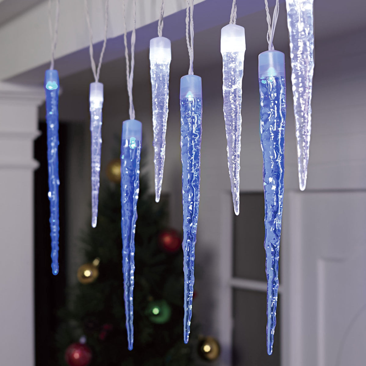 Indoor/Outdoor 8-Count LED 8-Function Crystal Christmas Icicle Lights, Cool White, White Wire, 9', by Holiday Time