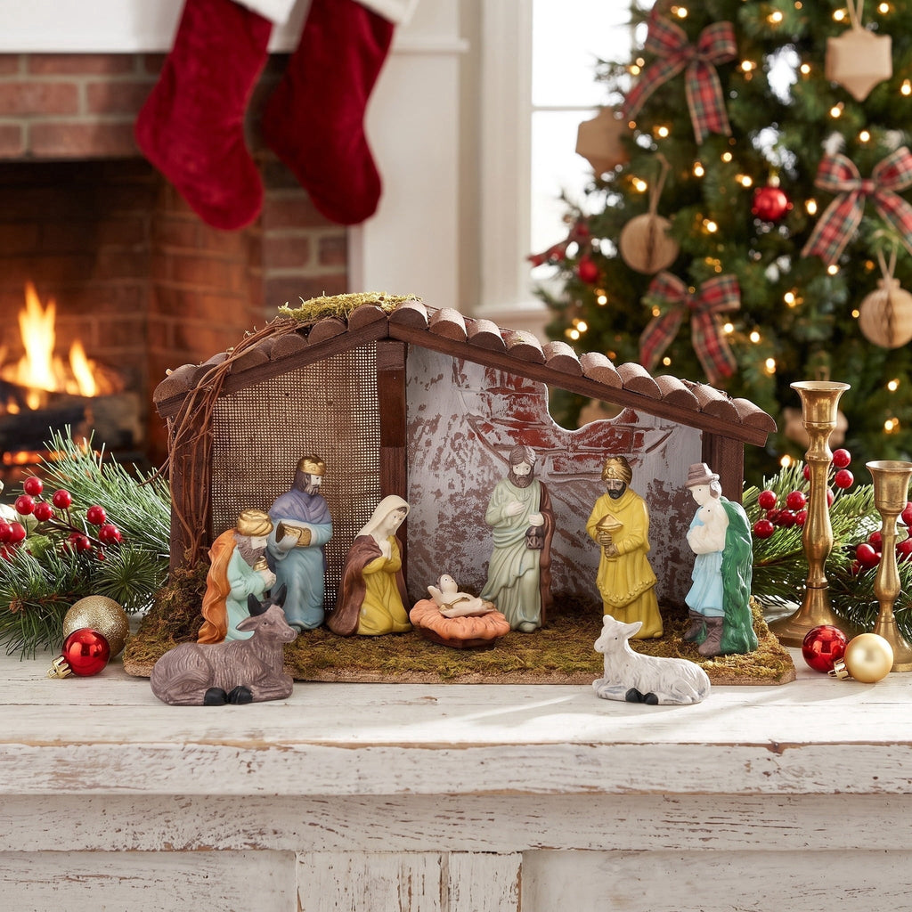 Porcelain Multicolor Tabletop Indoor Nativity Scene Christmas Decoration, 12 Pieces, by Holiday Time