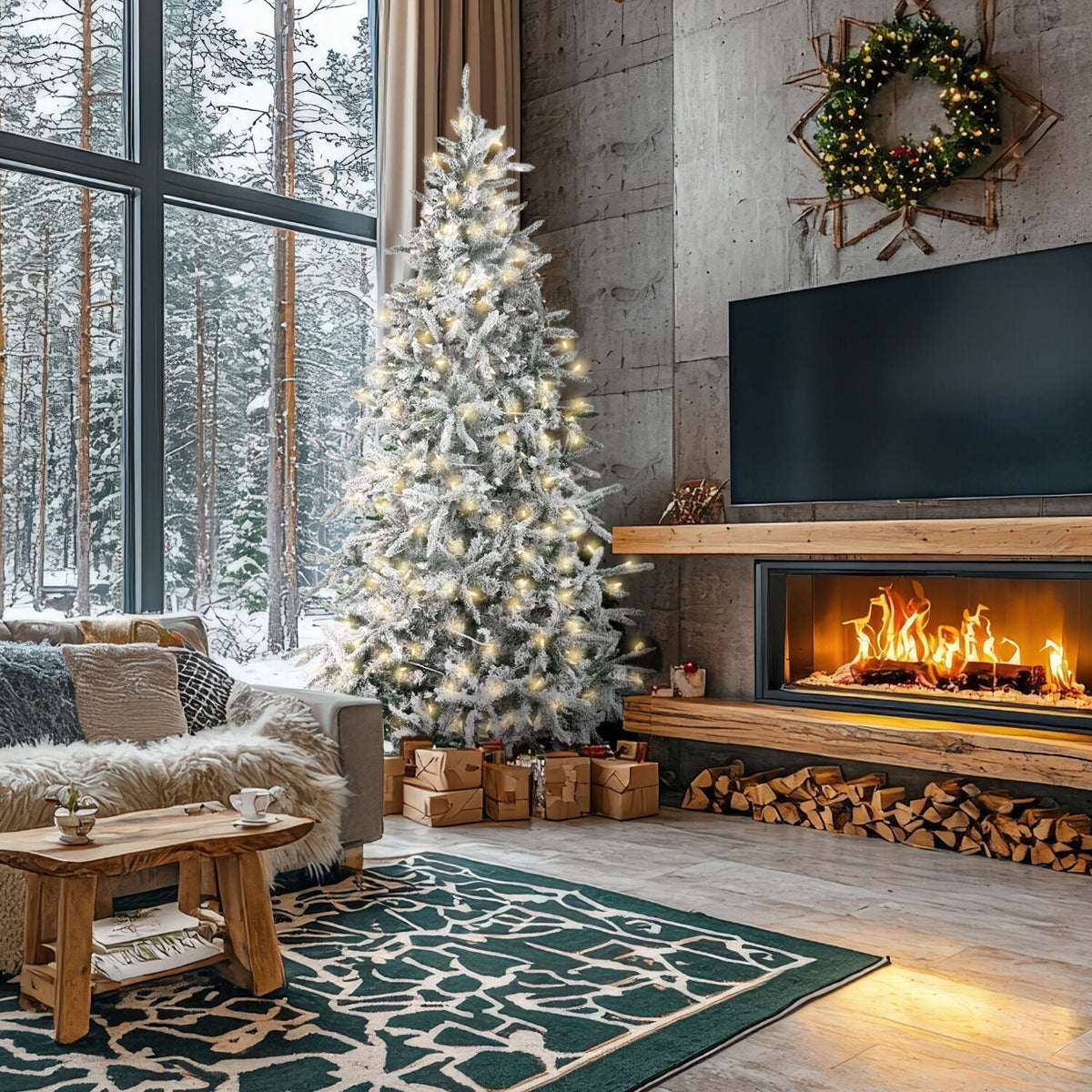 Fraser Hill Farm 6.5-Ft Flocked Mountain Pine Artificial Christmas Tree with Warm White LED Lights, FFMP065-5SN