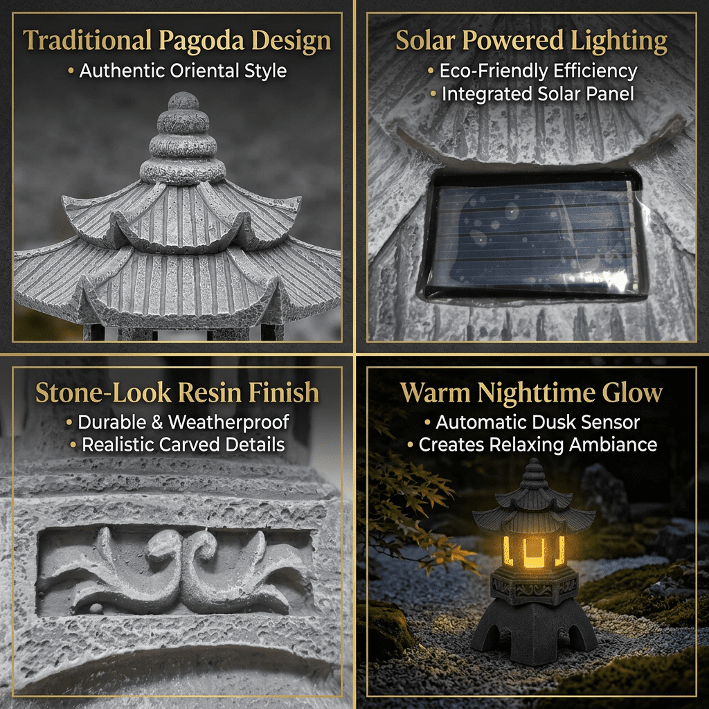 LUMIARTISAN Japanese Solar Pagoda Lantern Garden Statue Outdoor Zen Decor Light