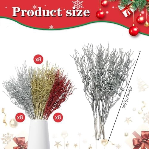 24 Pcs Christmas Tree Picks Decor,17” Artificial Glitter Curly Berry Stems