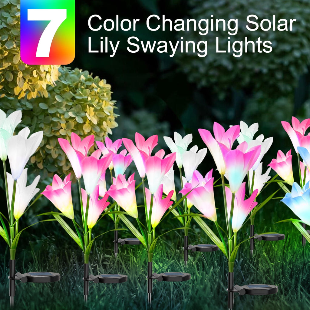 Solar Garden Lights Outdoor, 6 Packs Solar Lily Flower Lights Waterproof, Color Changing LED Solar Lights Outdoor Decorative, Bigger Solar Panel for Outside Patio Garden Pathway Yard Decoration